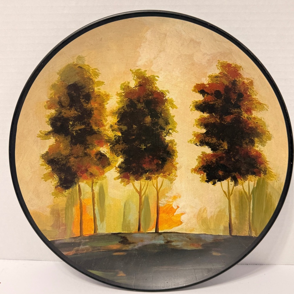 Decorative 12 Inch Round Landscape Plate Autumn Trees Impressionist Art Green